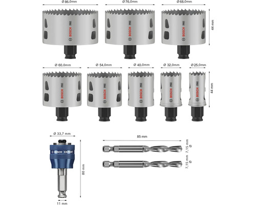 Bosch Pro Lochsägenset mit verschiedenen Durchmessern und Bohrern mit Größenangaben