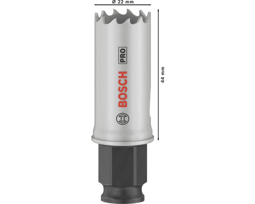 Bosch Lochsäge mit einem Durchmesser von 22 Millimetern und einer Länge von 44 Millimetern.