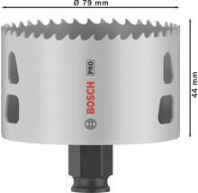 Bohrkrone mit einem Durchmesser von 79 Millimetern und einer Höhe von 44 Millimetern, Bosch Logo