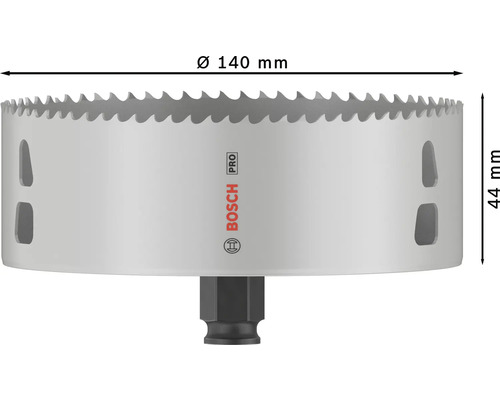 Bosch Pro Lochsäge mit 140 Millimeter Durchmesser und 44 Millimeter Höhe.