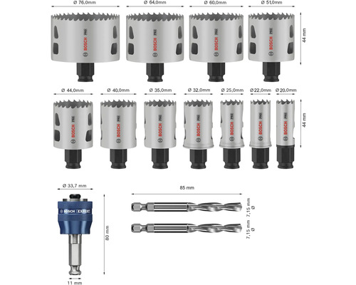 Bosch Pro Lochsägensatz mit verschiedenen Größen, inklusive Zentrierbohrer und Schaft