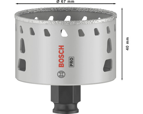 Bohrkrone mit 67 Millimeter Durchmesser und 40 Millimeter Höhe mit Bosch Logo