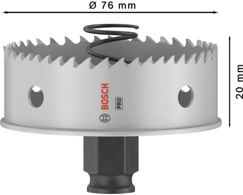 Lochsäge mit 76 Millimeter Durchmesser und einer Tiefe von 20 Millimeter mit Bosch Logo.