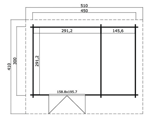 Grundrisszeichnung eines Gartenhauses mit Maßangaben
