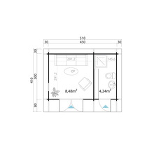 Grundrisszeichnung mit Maßen für ein Gartenhaus mit Wohn- und Sanitärbereich