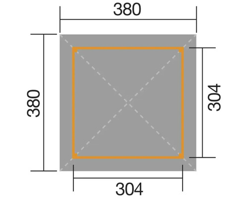 Illustration mit Maßangaben: 380 mal 380 Millimeter Außenmaß, 304 mal 304 Millimeter Innenmaß.