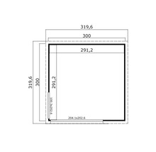 Grundrisszeichnung eines Gartenhauses mit Abmessungen