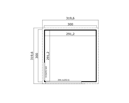 Grundrisszeichnung eines Gartenhauses mit Abmessungen
