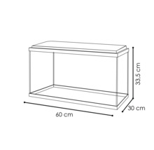 Aquarium mit den Maßen 60 cm Länge, 30 cm Breite und 33,5 cm Höhe.