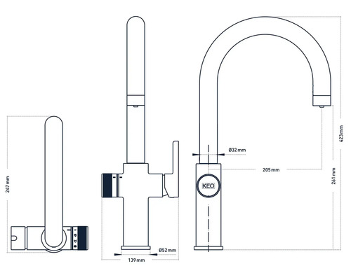 Technische Zeichnung einer Küchenarmatur mit Maßen