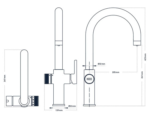 Technische Zeichnung einer Küchenarmatur mit Maßen.
