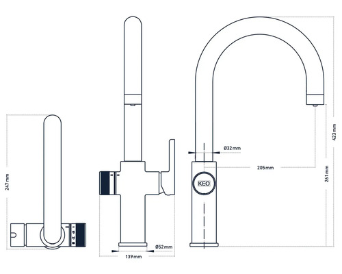 Technische Zeichnung einer Küchenarmatur mit Maßangaben