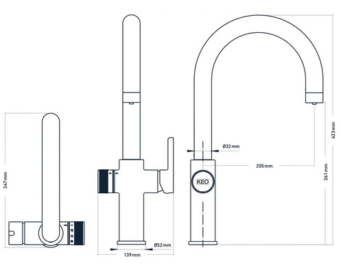 Technische Zeichnung einer Küchenarmatur mit Maßen.