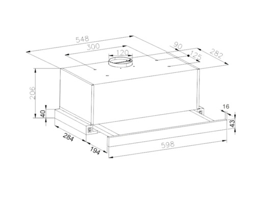 Technische Zeichnung einer Dunstabzugshaube mit Maßangaben