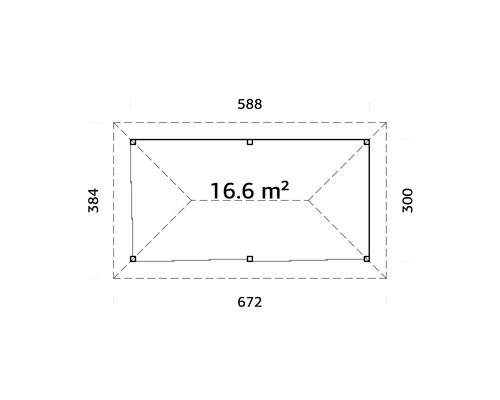 Grundriss mit den Massen 384, 588, 672, 300 und der Flächenangabe 16.6 Quadratmeter.