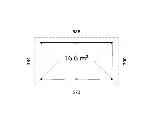 Grundrisszeichnung mit Abmessungen: 588 mal 384 Zentimeter, Fläche: 16,6 Quadratmeter