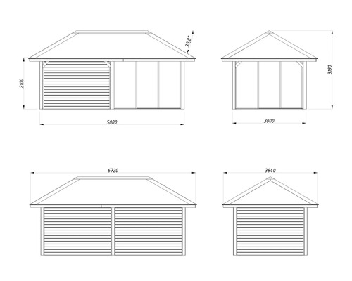 Technische Zeichnung eines Gartenhauses mit Maßangaben.