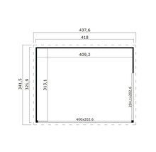 Grundrisszeichnung eines Gartenhauses mit Maßangaben