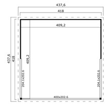 Grundrisszeichnung eines Gartenhauses mit Maßangaben