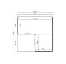 Grundrisszeichnung eines Gartenhauses mit Maßangaben