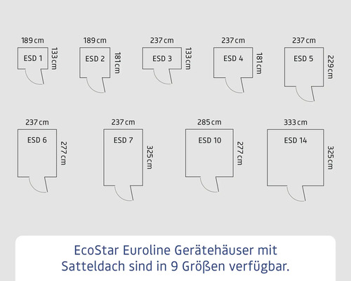 EcoStar Euroline equipment sheds with gable roof available in nine sizes