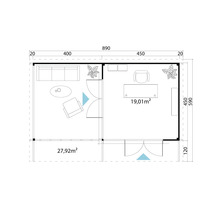 Grundriss eines Gartenhauses mit Flächenangaben und Bemaßungen