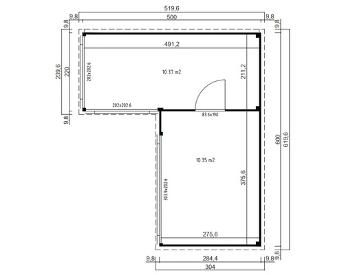 Grundriss eines Gartenhauses mit Maßangaben