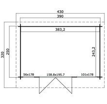 Grundrisszeichnung eines Gartenhauses mit Maßangaben