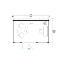 Grundriss eines Gartenhauses mit Möbeln und Abmessungen