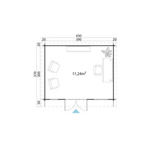 Grundriss eines Gartenhauses mit Möbeln und einer Fläche von 11,24 Quadratmetern.