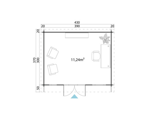 Grundriss eines Gartenhauses mit Möbeln und einer Fläche von 11,24 Quadratmetern.