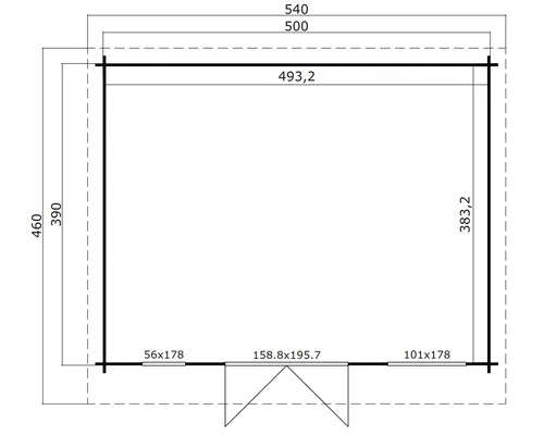 Grundrisszeichnung eines Gartenhauses mit Maßangaben