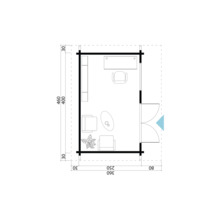 Grundriss eines Gartenhauses mit Möbeln und Maßangaben