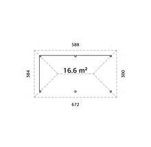 Grundrisszeichnung mit den Maßen 384 x 588, 300 x 672 und einer Fläche von 16,6 Quadratmetern