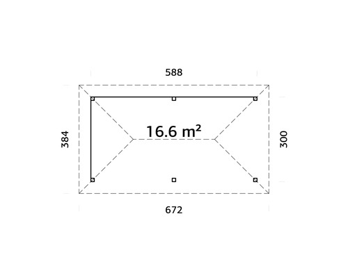 Grundrisszeichnung mit den Maßen 384 x 588, 300 x 672 und einer Fläche von 16,6 Quadratmetern