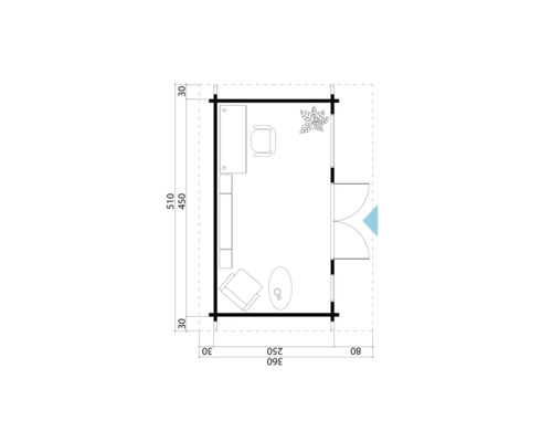 Grundriss eines Gartenhauses mit Büromöbeln und Maßen