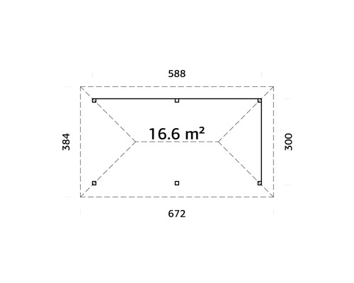 Grundriss mit Abmessungen und einer Fläche von 16,6 Quadratmetern