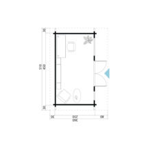 Grundriss eines Gartenhauses mit Möbeln und Bepflanzung