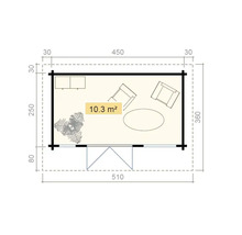 Grundriss eines Gartenhauses mit Möbeln und Maßangaben
