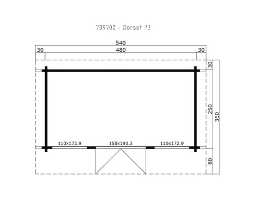 Technische Zeichnung Gartenhaus Dorset 73 mit Maßangaben