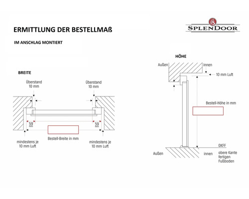 Skizze zur Ermittlung des Bestellmaßes für die Montage im Anschlag und Splendoor Logo