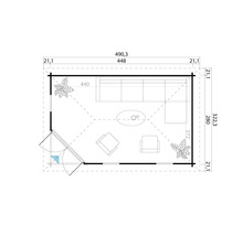 Grundriss eines Gartenhauses mit Möbeln und Bemaßungen