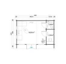 Grundrisszeichnung eines Gartenhauses mit Wohnzimmer, Bad und WC mit Maßangaben