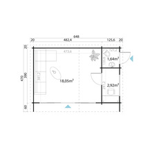 Grundriss eines Gartenhauses mit Wohnbereich und Sanitärraum mit Maßen.