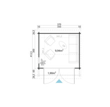 Grundrisszeichnung eines Gartenhauses mit Maßen