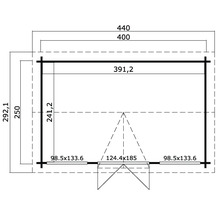 Grundrisszeichnung einer Gartenhütte mit Maßangaben.