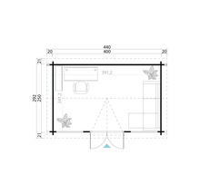 Grundriss eines Gartenhauses mit Maßen, Büromöbeln und Dekoration