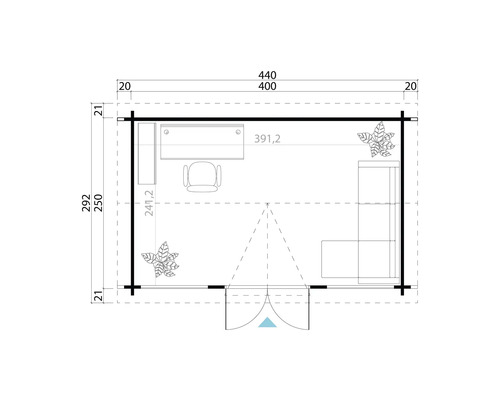 Grundriss eines Gartenhauses mit Maßen, Büromöbeln und Dekoration