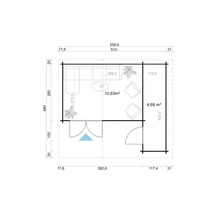 Grundriss eines Gartenhauses mit Möbeln und Abmessungen