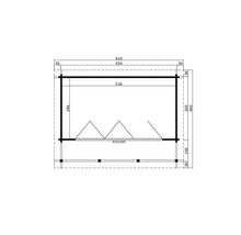 Grundrisszeichnung eines Gartenhauses mit Maßangaben
